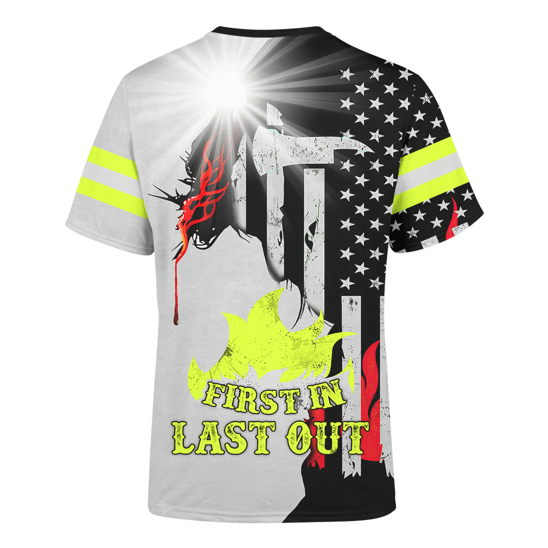 Jesus Firefighter First In Last Out Customized 3D All Over Printed Shirt Hoodie