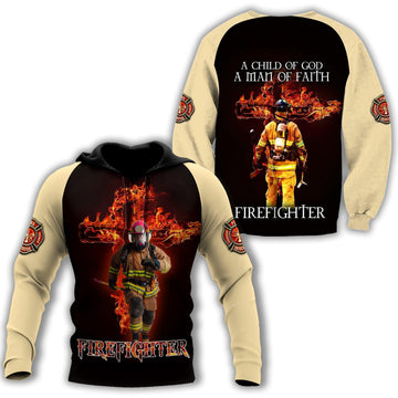 Firefighter A Child Of God, A Man Of Faith Printed Hoodie For Men And Women